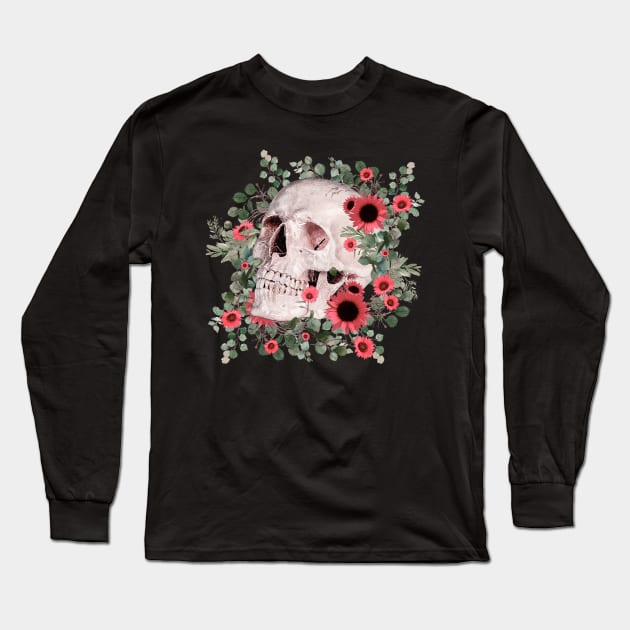 Skull and pink daisy, sugar skull and flowers Long Sleeve T-Shirt by Collagedream